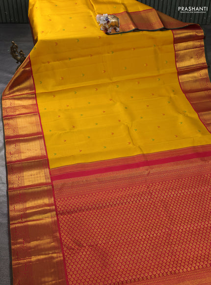 Pure kanchipuram silk saree yellow and red with thread & zari woven buttas and long rich zari woven border