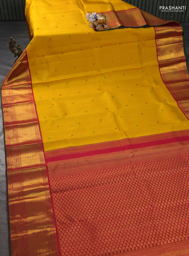 Pure kanchipuram silk saree yellow and red with thread & zari woven buttas and long rich zari woven border