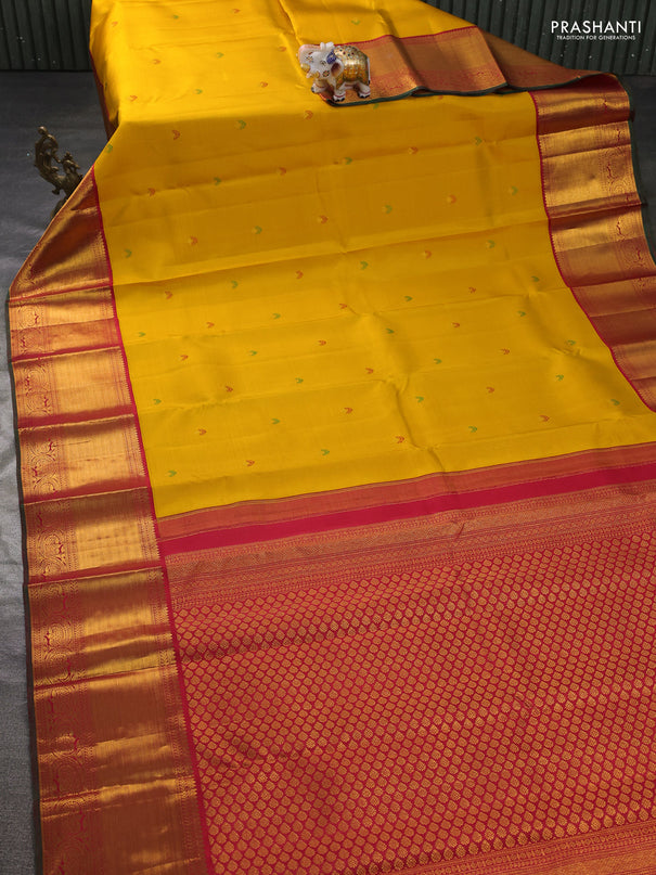 Pure kanchipuram silk saree yellow and red with thread & zari woven buttas and long rich zari woven border