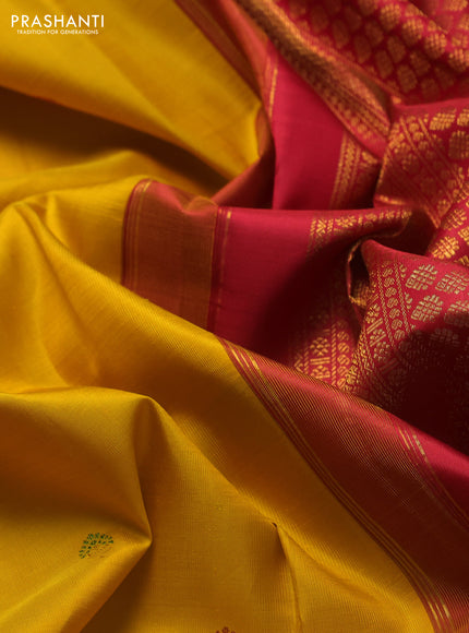 Pure kanchipuram silk saree yellow and red with thread & zari woven buttas and long rich zari woven border
