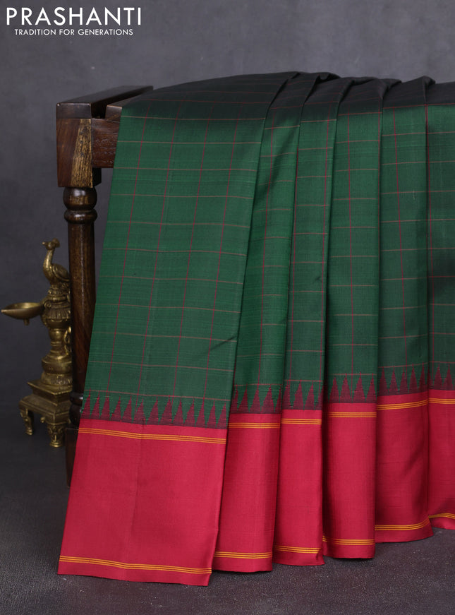 Pure kanchipuram silk saree bottle green with allover checked patterm and ganga jamuna border