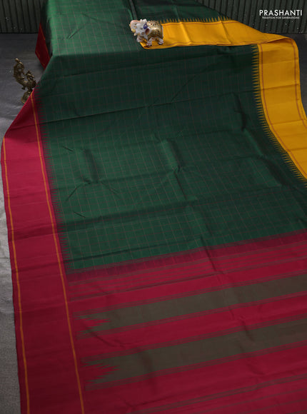 Pure kanchipuram silk saree bottle green with allover checked patterm and ganga jamuna border