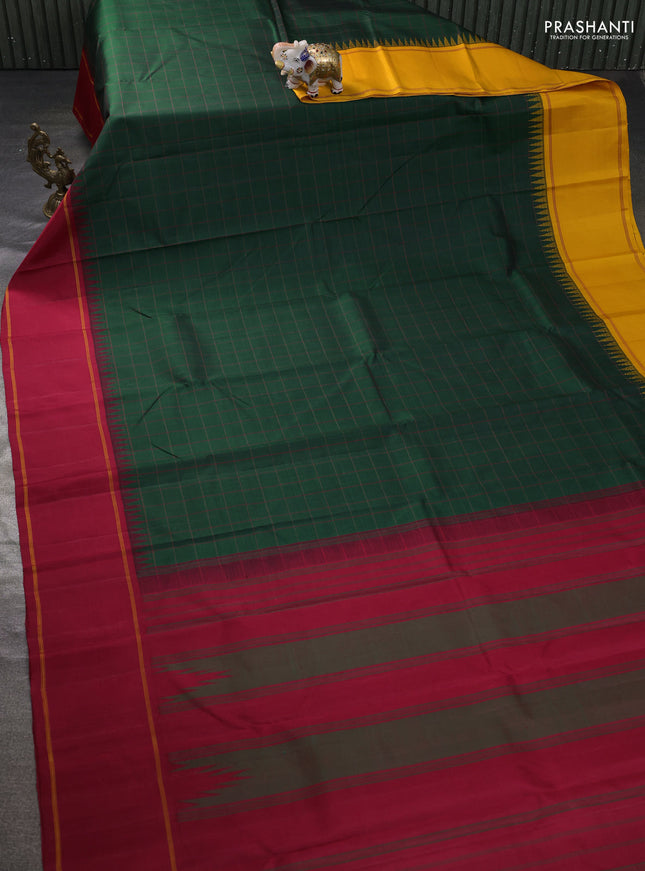 Pure kanchipuram silk saree bottle green with allover checked patterm and ganga jamuna border