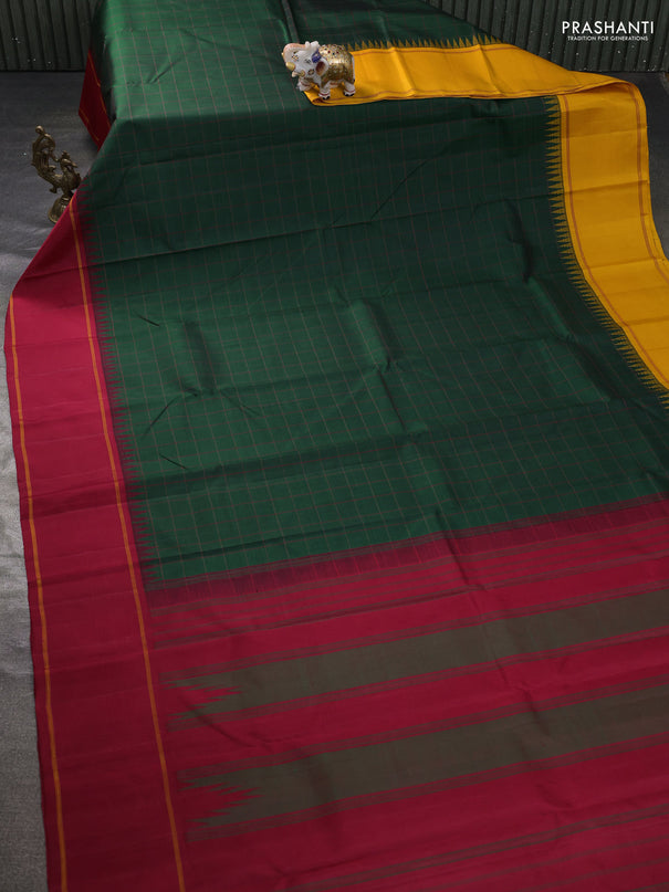 Pure kanchipuram silk saree bottle green with allover checked patterm and ganga jamuna border