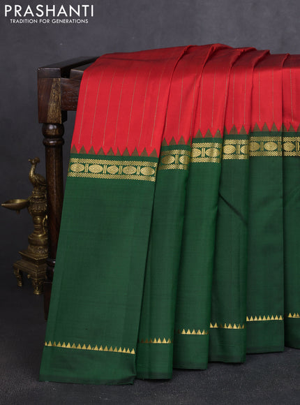 Pure kanchipuram silk saree red and dark green with allover zari stripe pattern and long rettapet zari woven border