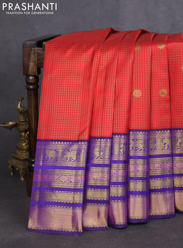Pure kanchipuram silk saree red and blue with allover zari checks & buttas and long rich zari woven border