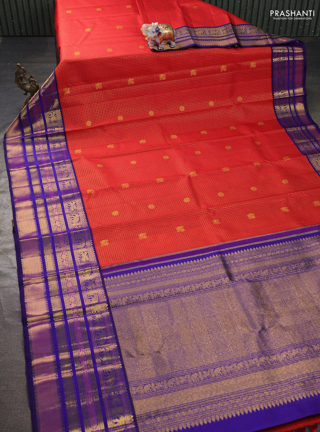 Pure kanchipuram silk saree red and blue with allover zari checks & buttas and long rich zari woven border