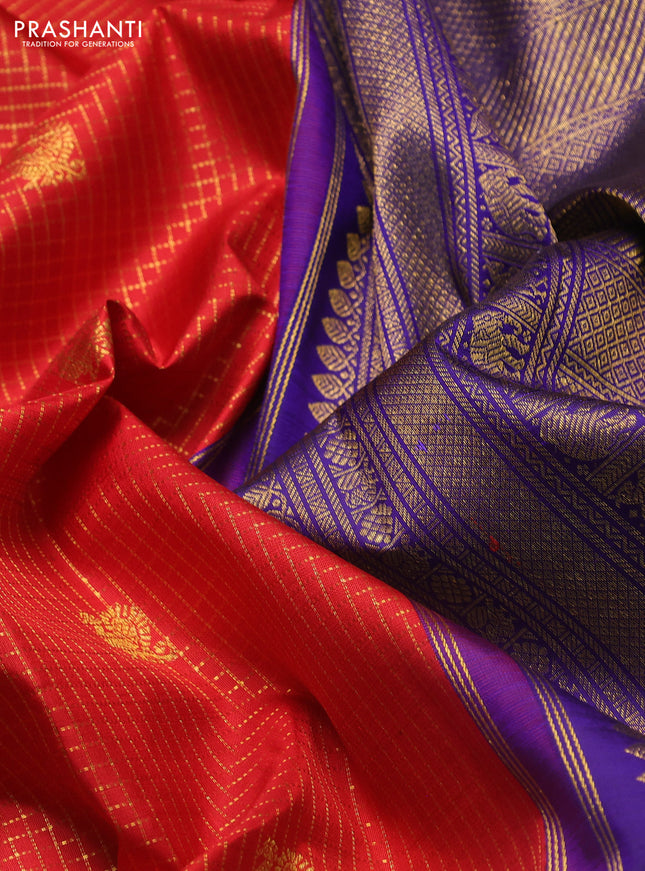 Pure kanchipuram silk saree red and blue with allover zari checks & buttas and long rich zari woven border