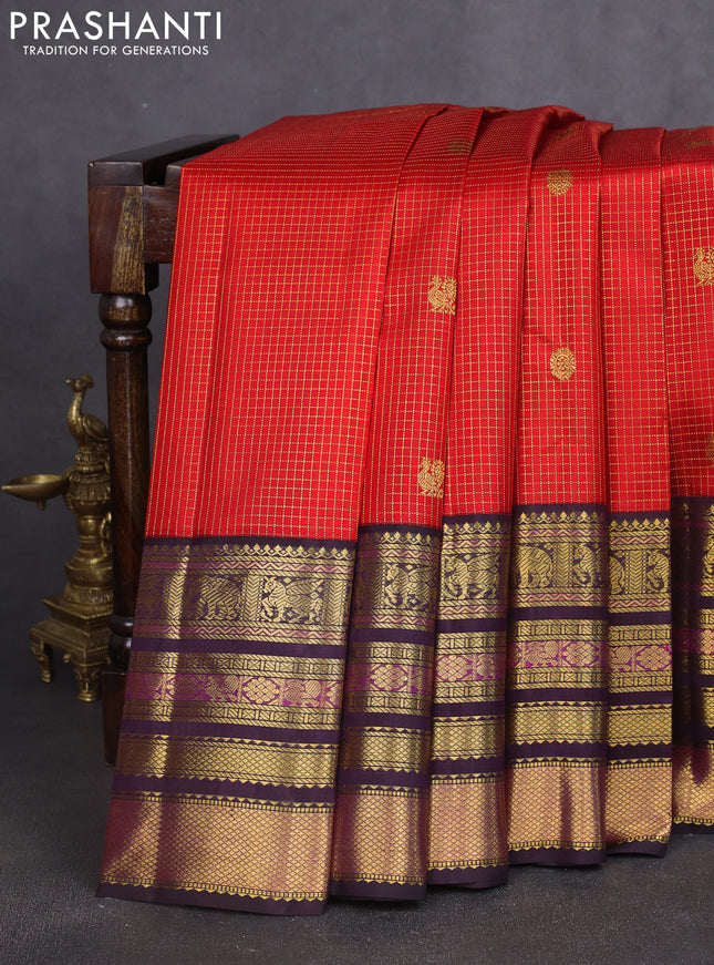 Pure kanchipuram silk saree red and deep purple with allover zari checks & buttas and long rich zari woven border