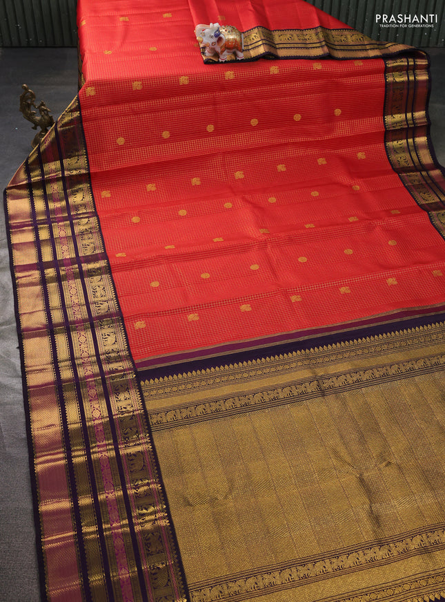 Pure kanchipuram silk saree red and deep purple with allover zari checks & buttas and long rich zari woven border