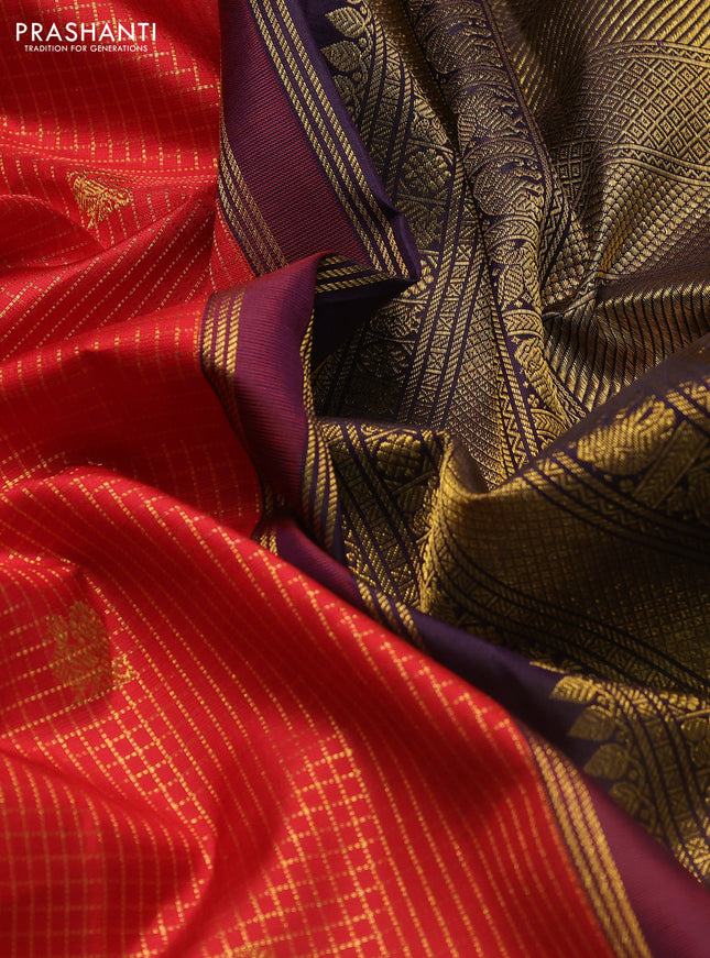 Pure kanchipuram silk saree red and deep purple with allover zari checks & buttas and long rich zari woven border