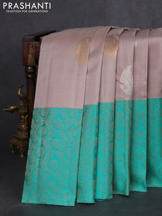 Pure kanchipuram silk saree pastel grey and teal blue with allover silver & gold zari weaves & buttas and long silver zari woven border