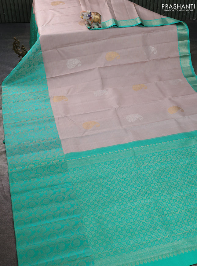 Pure kanchipuram silk saree pastel grey and teal blue with allover silver & gold zari weaves & buttas and long silver zari woven border