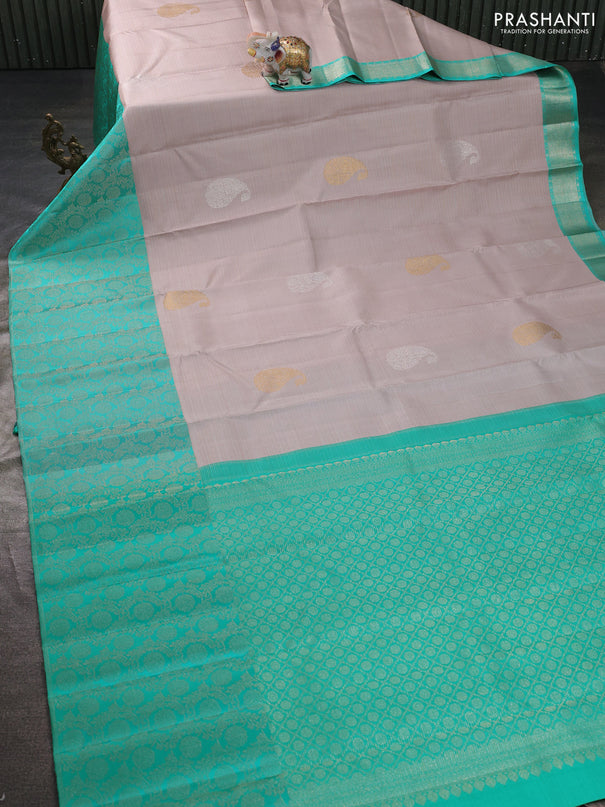 Pure kanchipuram silk saree pastel grey and teal blue with allover silver & gold zari weaves & buttas and long silver zari woven border