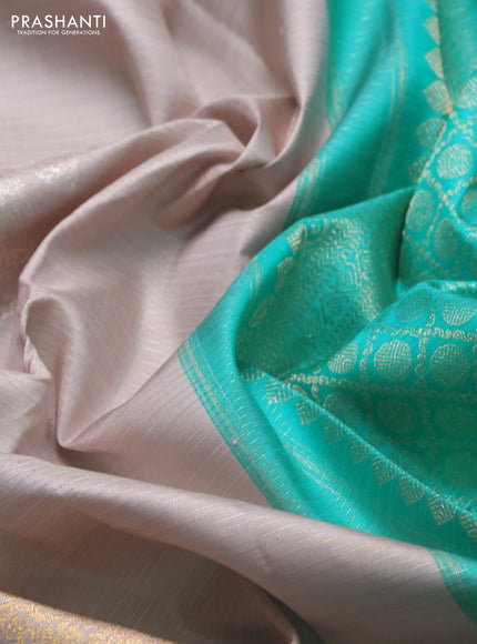 Pure kanchipuram silk saree pastel grey and teal blue with allover silver & gold zari weaves & buttas and long silver zari woven border