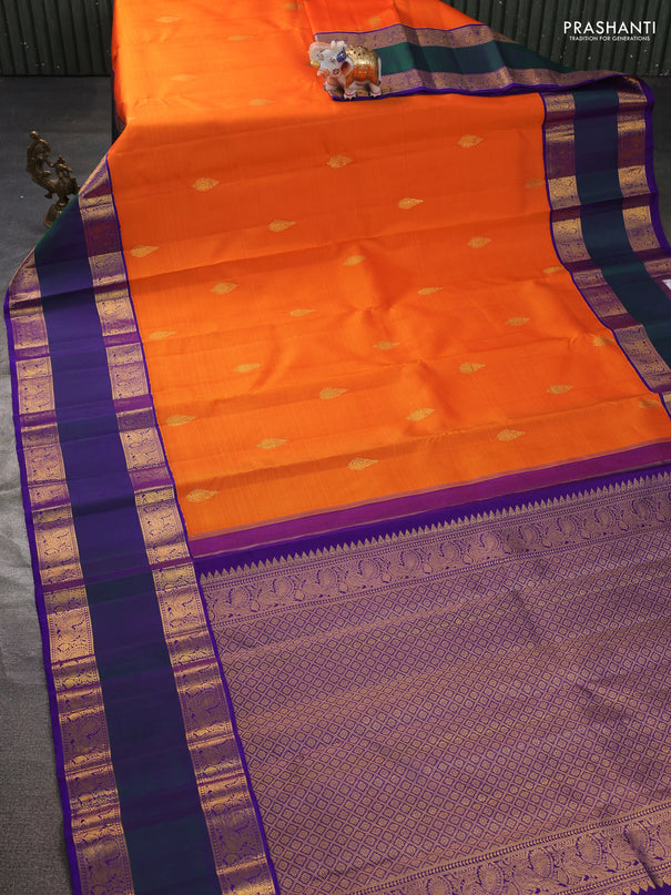 Pure kanchipuram silk saree orange and violet with zari woven buttas and long rettapet zari woven korvai border