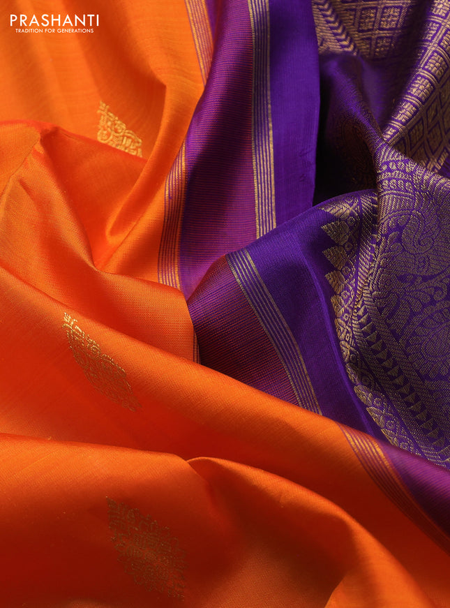 Pure kanchipuram silk saree orange and violet with zari woven buttas and long rettapet zari woven korvai border