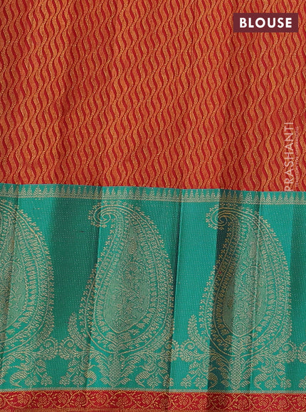 Pure kanchipuram silk saree beige and teal blue with zari woven buttas and long paisley zari woven border