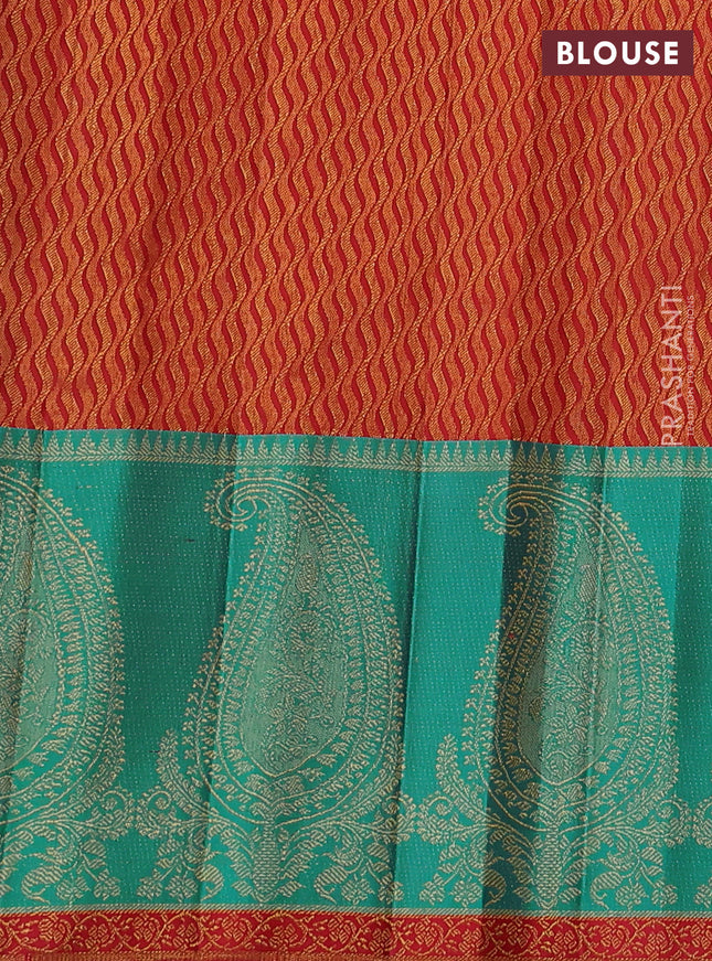 Pure kanchipuram silk saree beige and teal blue with zari woven buttas and long paisley zari woven border