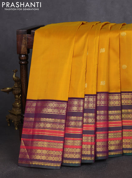 Pure kanchipuram silk saree yellow and purple with annam & rudhraksha zari woven buttas and long rich zari woven border