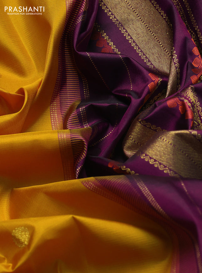 Pure kanchipuram silk saree yellow and purple with annam & rudhraksha zari woven buttas and long rich zari woven border