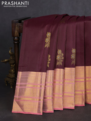Pure kanchipuram silk saree wine shade and peach shade with allover zari weaves & buttas and long rich zari woven border