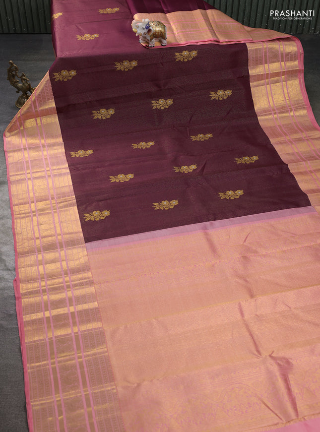 Pure kanchipuram silk saree wine shade and peach shade with allover zari weaves & buttas and long rich zari woven border