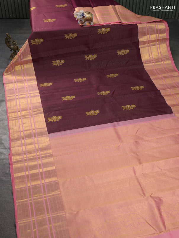 Pure kanchipuram silk saree wine shade and peach shade with allover zari weaves & buttas and long rich zari woven border