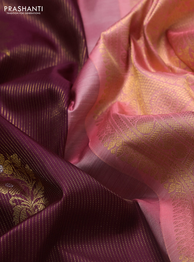 Pure kanchipuram silk saree wine shade and peach shade with allover zari weaves & buttas and long rich zari woven border
