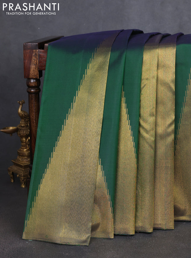 Pure kanchipuram silk saree dual shade of green and blue with temple design zari weaves in borderless style