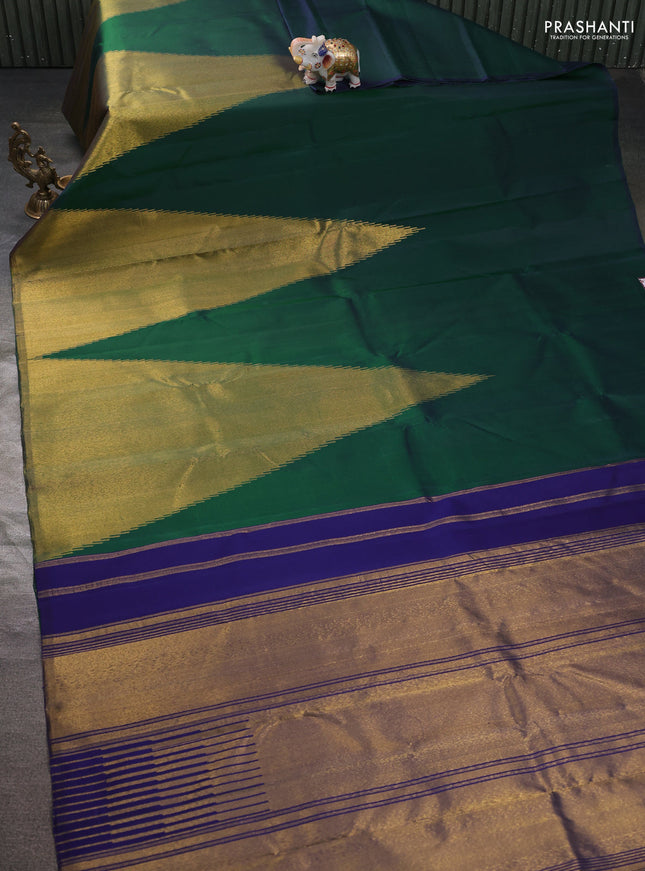 Pure kanchipuram silk saree dual shade of green and blue with temple design zari weaves in borderless style