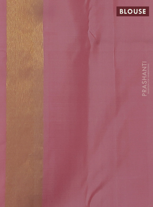 Pure kanchipuram silk saree cream and light pink with temple design zari weaves in borderless style