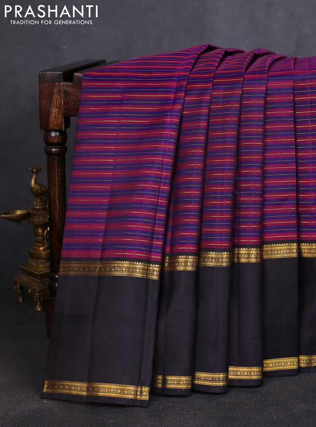 Pure kanchipuram silk saree violet magenta pink and black with allover zari stripe pattern and long rettapet zari woven border