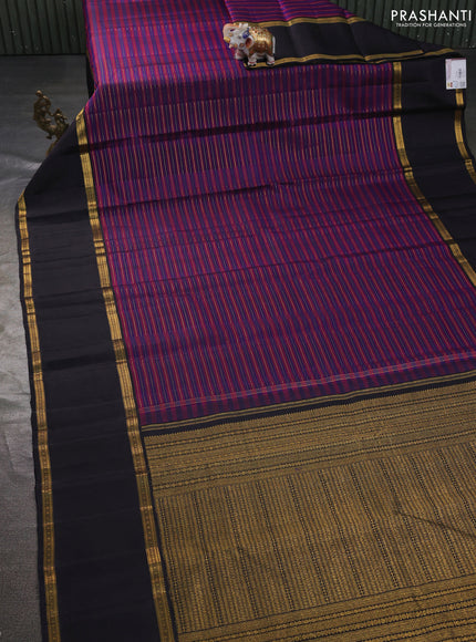 Pure kanchipuram silk saree violet magenta pink and black with allover zari stripe pattern and long rettapet zari woven border
