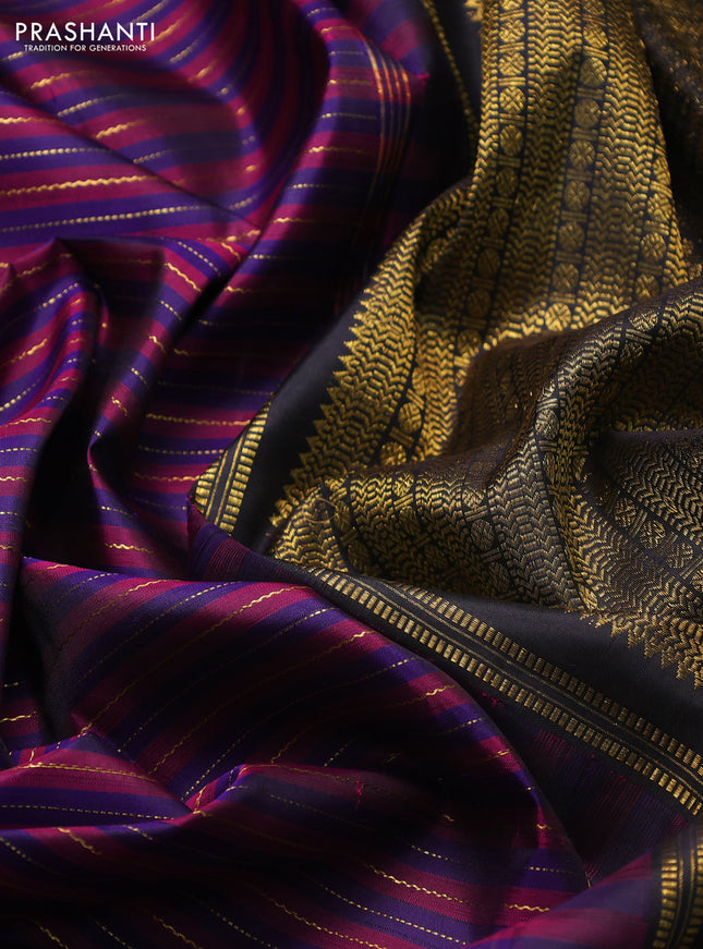 Pure kanchipuram silk saree violet magenta pink and black with allover zari stripe pattern and long rettapet zari woven border