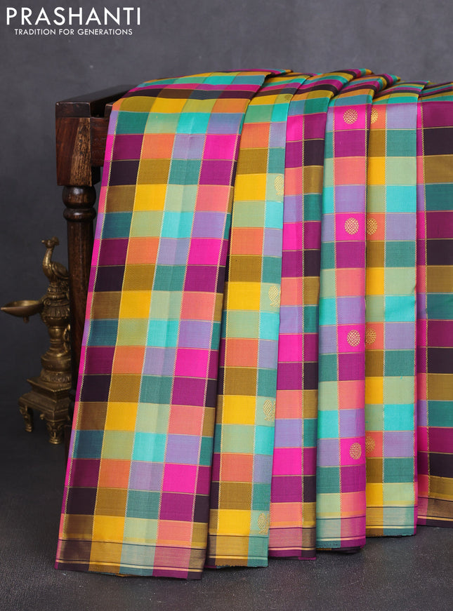 Pure kanchipuram silk saree multi colour and deep wine shade with allover paalum pazhamum zari checks & buttas and small zari woven border