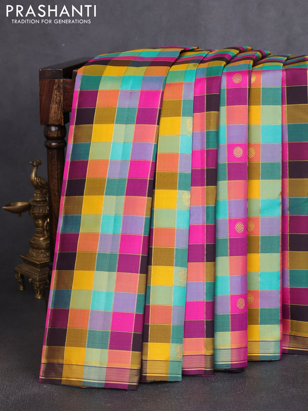 Pure kanchipuram silk saree multi colour and deep wine shade with allover paalum pazhamum zari checks & buttas and small zari woven border