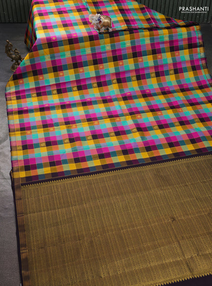 Pure kanchipuram silk saree multi colour and deep wine shade with allover paalum pazhamum zari checks & buttas and small zari woven border