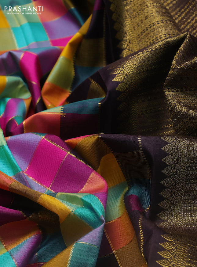 Pure kanchipuram silk saree multi colour and deep wine shade with allover paalum pazhamum zari checks & buttas and small zari woven border