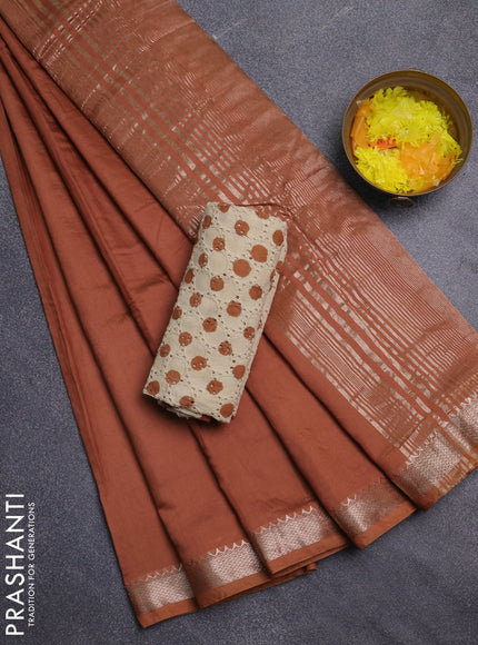 Semi chanderi saree rust shade and beige with plain body and zari woven border