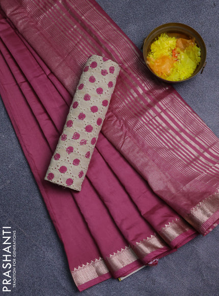 Semi chanderi saree mauve pink and beige with plain body and zari woven border