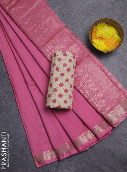 Semi chanderi saree light pink and beige with plain body and zari woven border