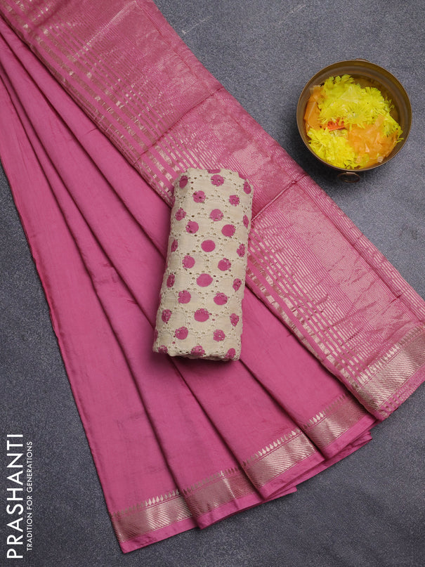 Semi chanderi saree light pink and beige with plain body and zari woven border