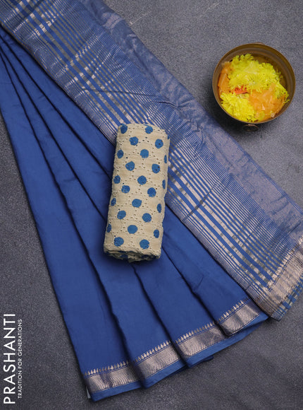 Semi chanderi saree blue and beige with plain body and zari woven border
