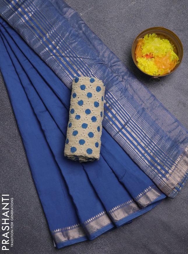 Semi chanderi saree blue and beige with plain body and zari woven border