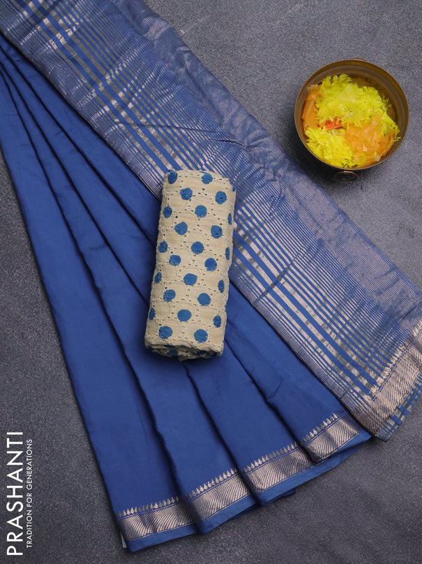 Semi chanderi saree blue and beige with plain body and zari woven border