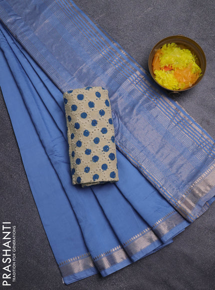 Semi chanderi saree pastel blue and beige with plain body and zari woven border