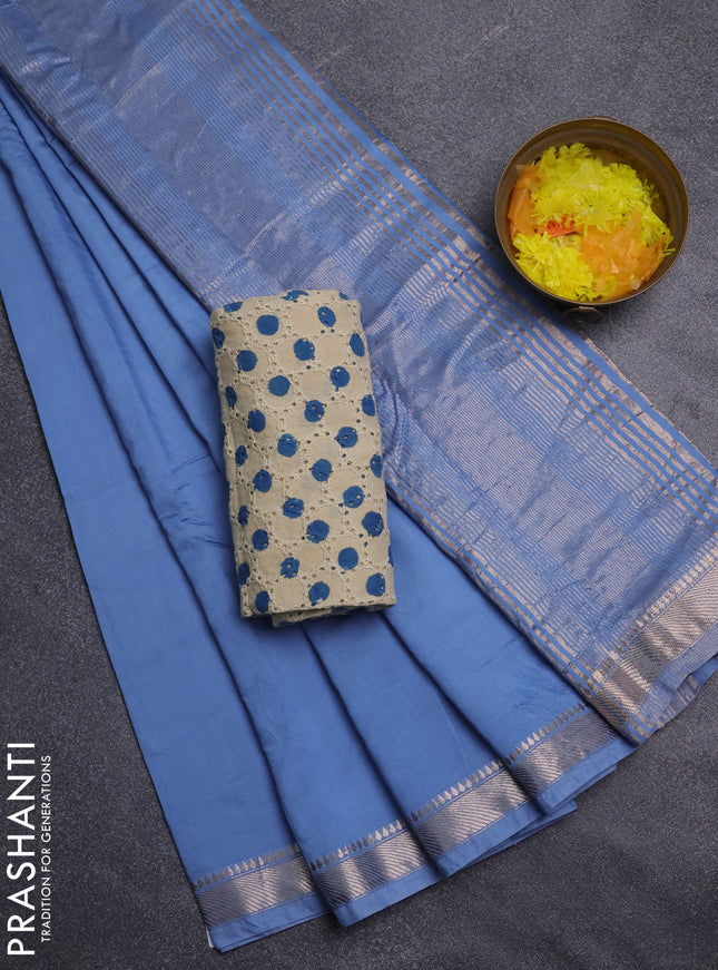 Semi chanderi saree pastel blue and beige with plain body and zari woven border
