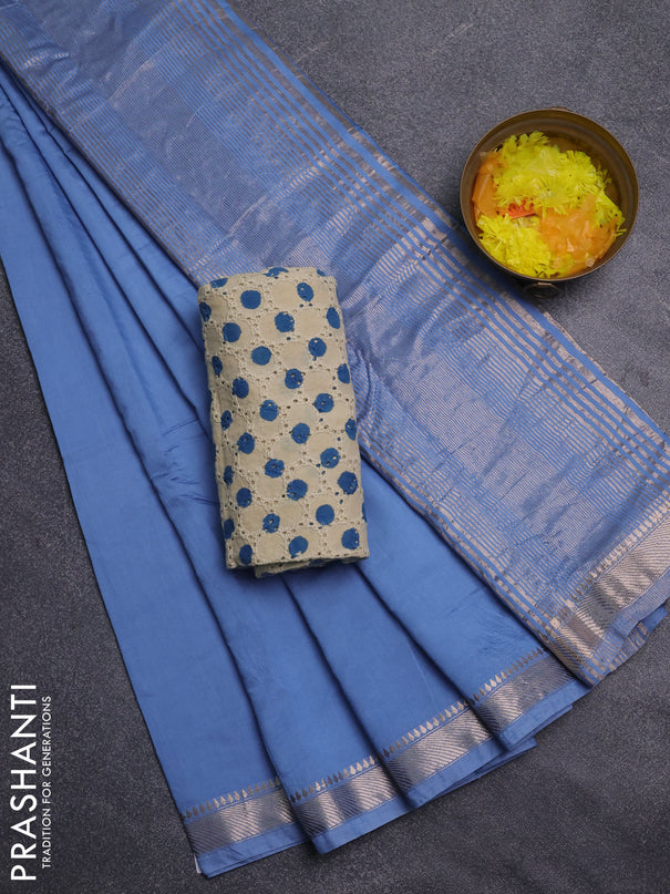 Semi chanderi saree pastel blue and beige with plain body and zari woven border