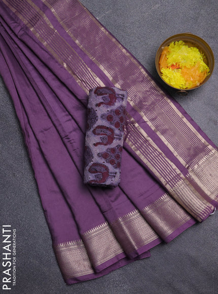 Semi chanderi saree violet and beige with plain body and zari woven border